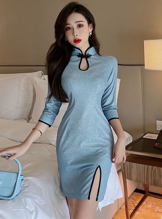 Outlet Korea Retro Fashion Stand Collar Shining Cheongsam Dress
