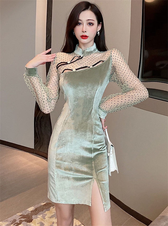 Outlet Retro Korea Stand Collar Gauze Splicing Velvet Cheongsam Dress