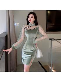 Outlet Retro Korea Stand Collar Gauze Splicing Velvet Cheongsam Dress