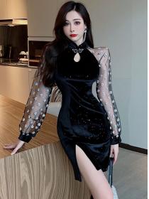Outlet Retro Fashion Dots Gauze Sleeve Velvet Slim Dress