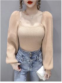 Outlet Modern Lady 3 Colors Square Collar Puff Sleeve Knit T-shirt