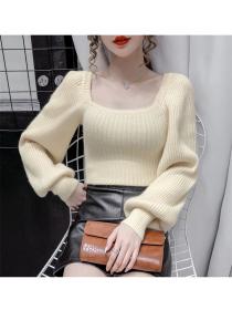 Outlet Modern Lady 3 Colors Square Collar Puff Sleeve Knit T-shirt