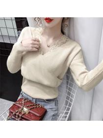 Outlet Retro Fashion 3 Colors Lace V-neck Puff Sleeve Knitting T-shirt