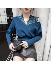 Outlet Retro Fashion 3 Colors Lace V-neck Puff Sleeve Knitting T-shirt
