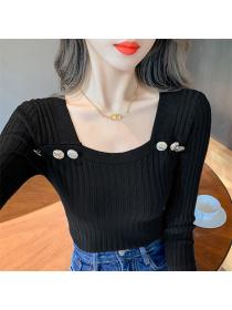 Outlet Pretty Women 3 Colors Buttons Square Collar Knitting T-shirt