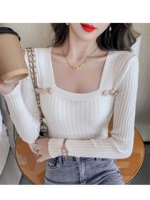 Outlet Pretty Women 3 Colors Buttons Square Collar Knitting T-shirt
