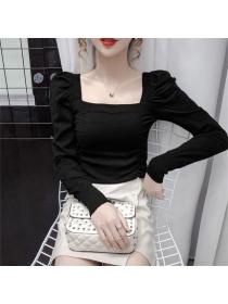 Outlet Korea New 3 Colors Square Collar Pleated Knitting T-shirt