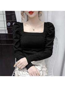 Outlet Korea New 3 Colors Square Collar Pleated Knitting T-shirt