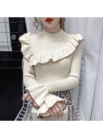 Outlet Fashion 4 Colors Flouncing Flare Sleeve Slim Knitting T-shirt