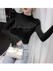 Outlet Fashion 4 Colors Flouncing Flare Sleeve Slim Knitting T-shirt