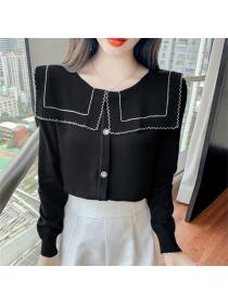 Outlet Wholesale 2 Colors Doll Collar Knitting Long Sleeve T-shirt