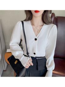 Outlet Fashion Lady 3 Colors Buttons V-neck Puff Sleeve Knit T-shirt