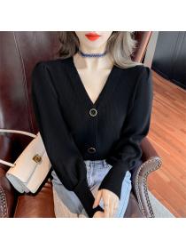Outlet Fashion Lady 3 Colors Buttons V-neck Puff Sleeve Knit T-shirt
