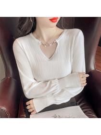 Outlet Wholesale Autumn 4 Colors Chain Collar Puff Sleeve Knit Tops