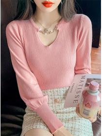 Outlet Wholesale Autumn 4 Colors Chain Collar Puff Sleeve Knit Tops