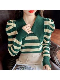 Outlet Preppy Fashion 2 Colors Doll Collar Stripes Knitting T-shirt