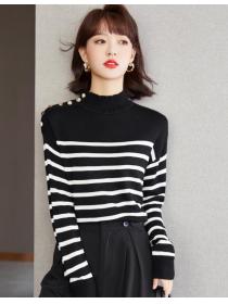 European Style Stand Collars Stripe Knitting Top 