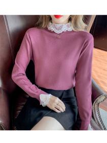 Outlet Fashion Autumn 3 Colors Lace Collar Knitting T-shirt