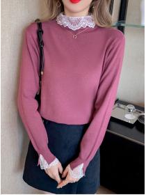 Outlet Fashion Autumn 3 Colors Lace Collar Knitting T-shirt