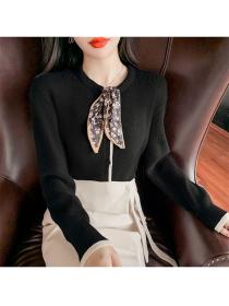 Outlet Autumn New 2 Colors Tie Collar Loosen Knitting T-shirt