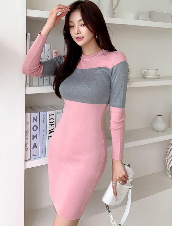 For Sale Color Matching Slim Knitting Dress