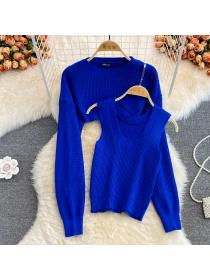 Outlet Loose round neck tops blue autumn shawl 2pcs set for women