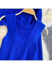 Outlet Loose round neck tops blue autumn shawl 2pcs set for women