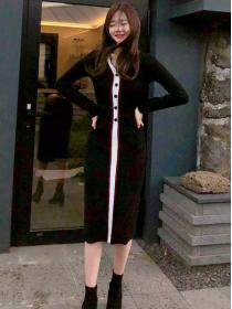 Korean Style V  Collars Color Matching Slim Dress 
