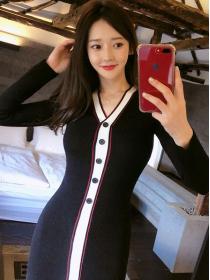 Korean Style V  Collars Color Matching Slim Dress 