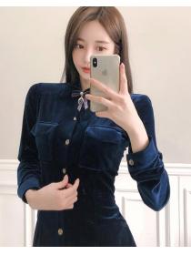 Korean Style Pure  Color Velvet Fashion Dress 