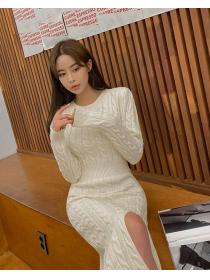 Korean Style Pure Color Slim Open Fork Knitting Dress 