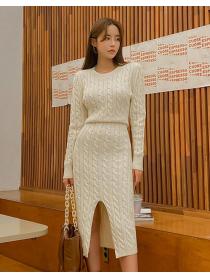 Korean Style Pure Color Slim Open Fork Knitting Dress 