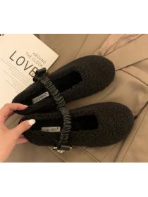 Outlet Winter warm leather belt needle buckle suede lamb flat bottom wool shoes