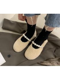 Outlet Winter warm wool shoes wool and fleece flat shoes with a pearl chain