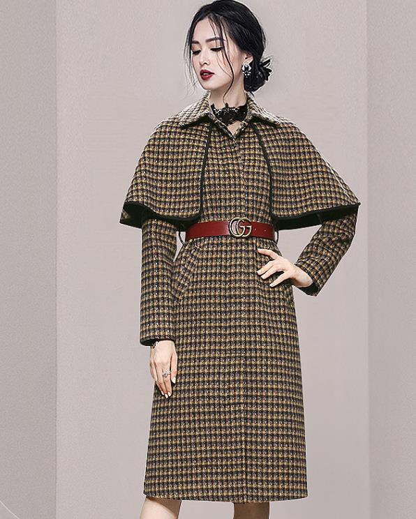 Doll Collars Grid Printing Show Waist Long Coat