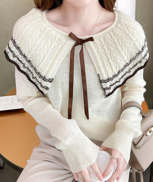 Korean Style Doll Collars Bowknot Matching Knitting Top