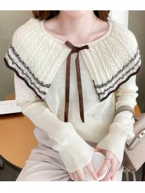 Korean Style Doll Collars Bowknot Matching Knitting Top 