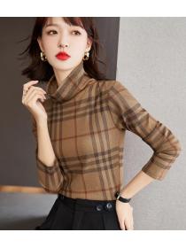 On Sale High Collars Thicken Grid Printing Top 