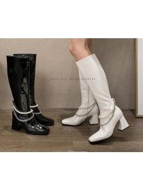Outlet Autumn/winter new patent leather pearl Chain high heel  knight boots