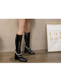 Outlet Autumn/winter new patent leather pearl Chain high heel  knight boots