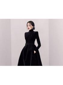 Stand Collars Pure Color Velvet Fashion Dress