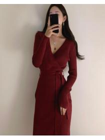 For Sale V  Collars Pure Color Knitting Dress 