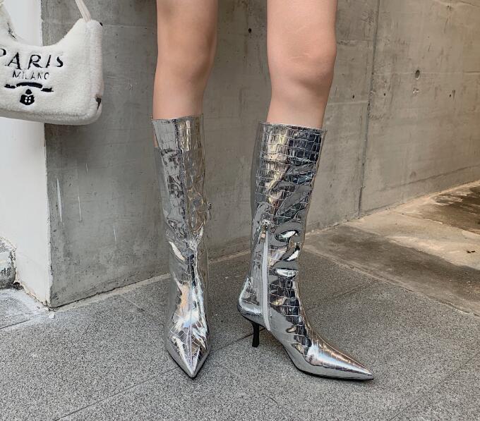 Outlet Autumn and winter Stone pattern shiny pointed high-heeled boots