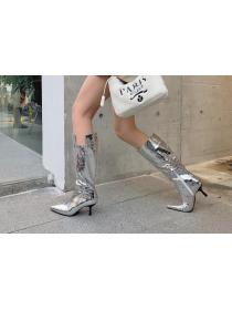 Outlet Autumn and winter Stone pattern shiny pointed high-heeled boots
