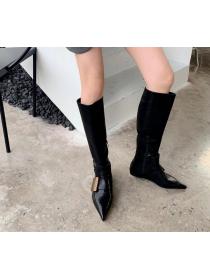 Outlet Fall/winter metal buckle pointed toe low-heel wide boots