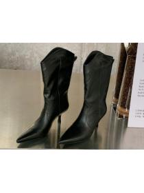 Outlet Fashionable Korean-style Pointed toe high-heeled non-zip western Martin mid-boots