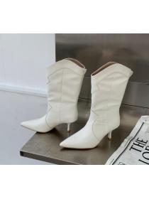 Outlet Fashionable Korean-style Pointed toe high-heeled non-zip western Martin mid-boots