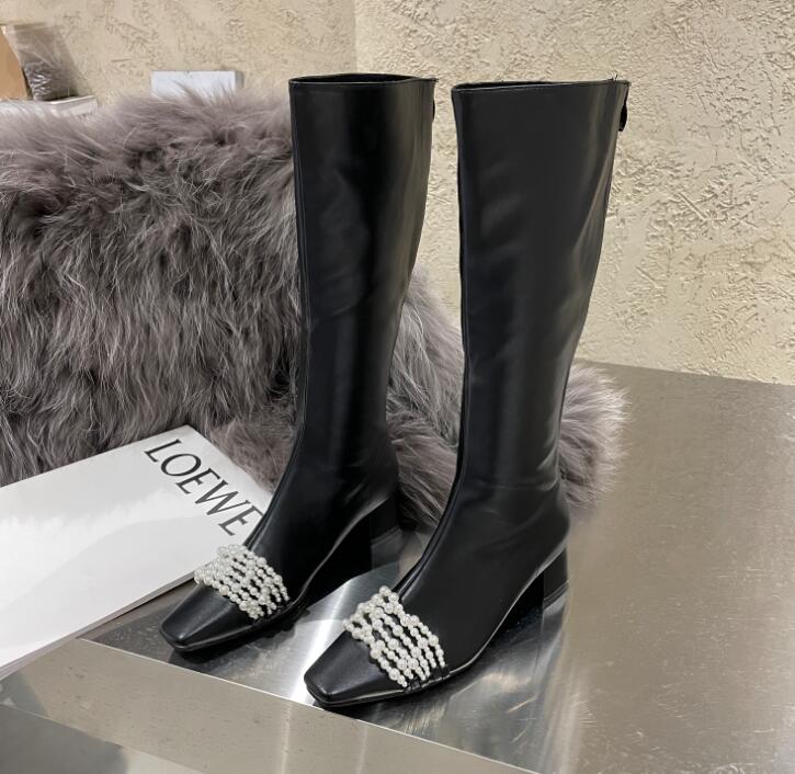 Outlet Elegant style Pearl Square toe Thick heel Thin leg  Knight boots