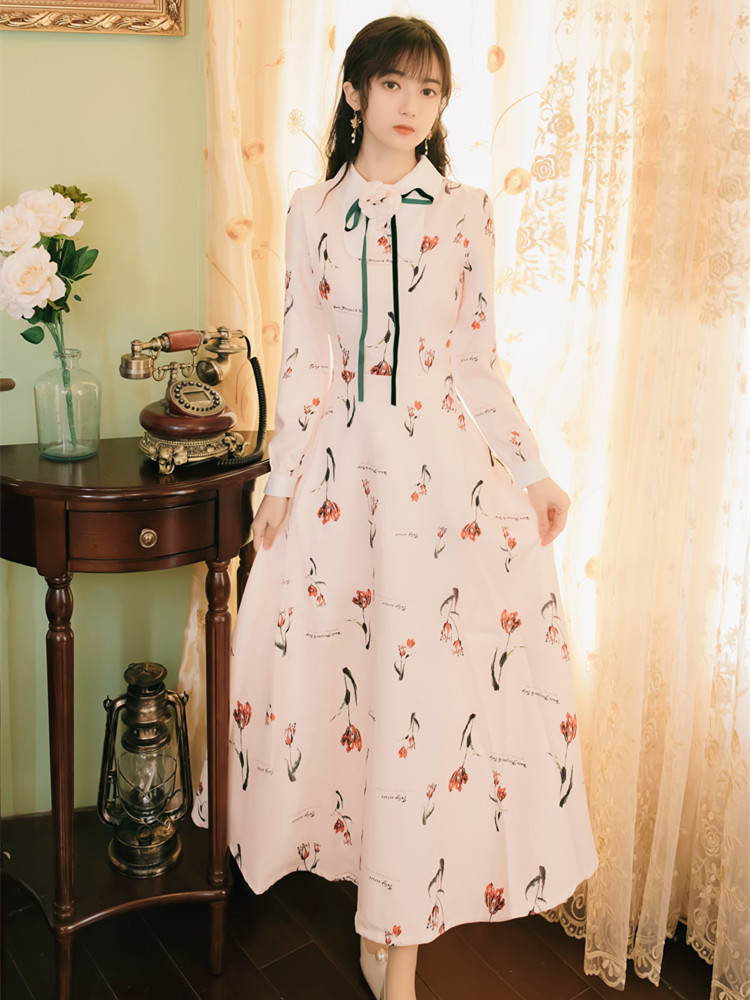 On Sale Stand Collars Flower Printing Maxi Dress