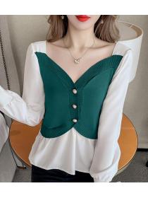On Sale V  Collars Color Matching Fashion Blouse 
